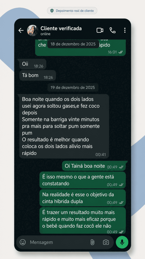 Print de conversa no WhatsApp com depoimento de cliente da Acalme Baby