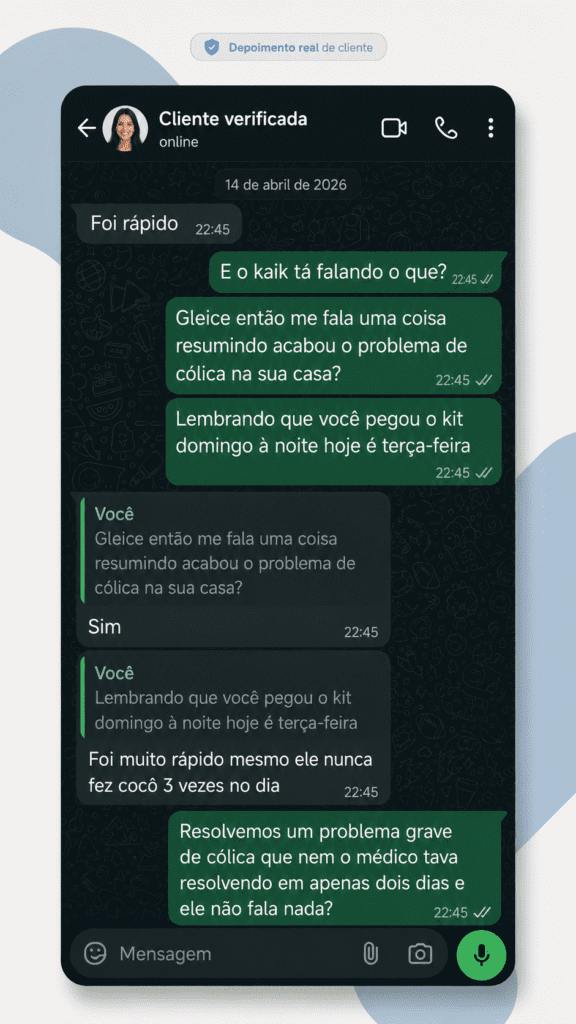 Print de conversa no WhatsApp com depoimento de cliente da Acalme Baby