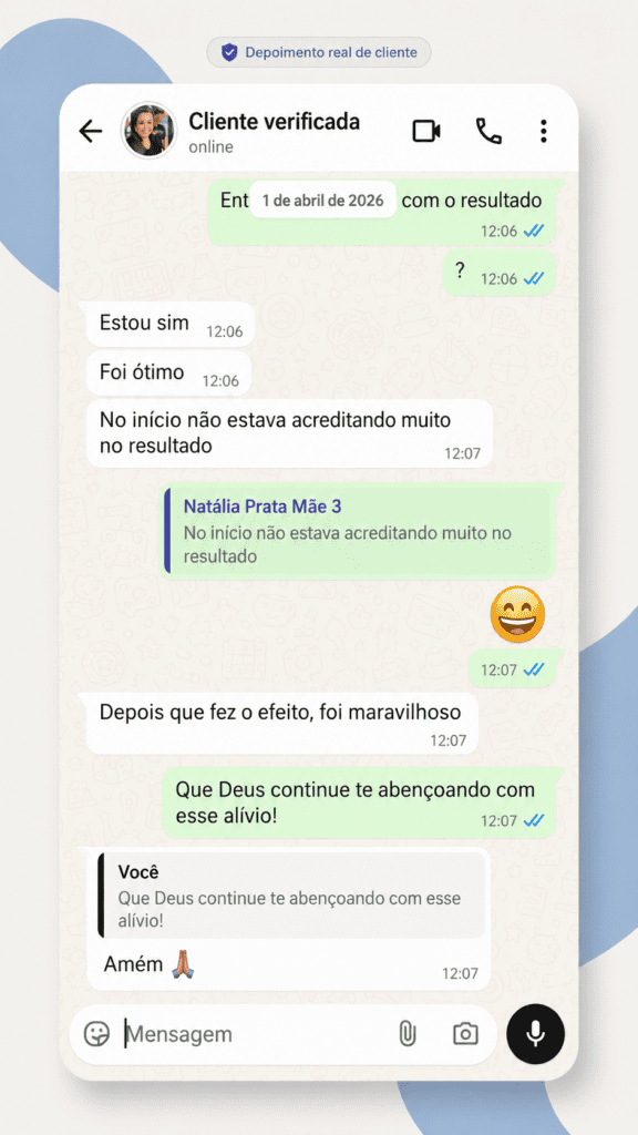 Print de conversa no WhatsApp com depoimento de cliente da Acalme Baby
