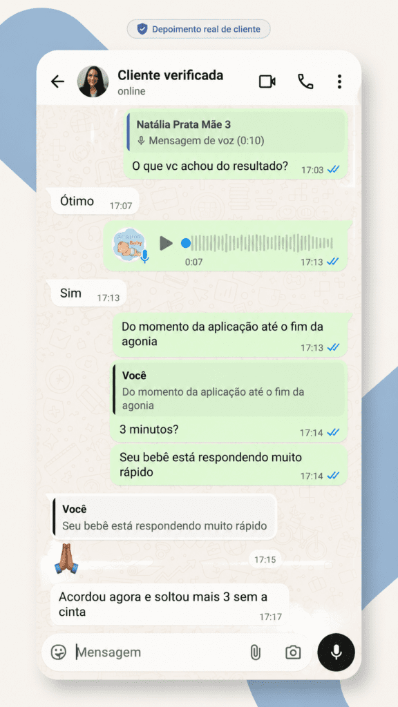 Print de conversa no WhatsApp com depoimento de cliente da Acalme Baby