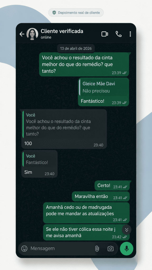 Print de conversa no WhatsApp com depoimento de cliente da Acalme Baby