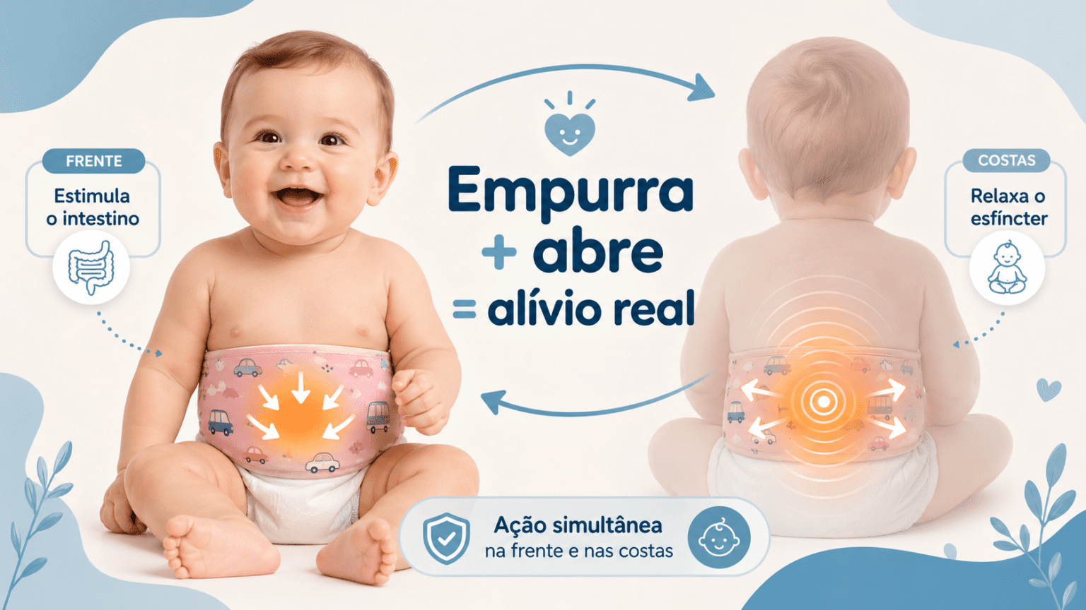 Ilustração mostrando a cinta agindo na frente estimulando o intestino e nas costas relaxando o esfíncter